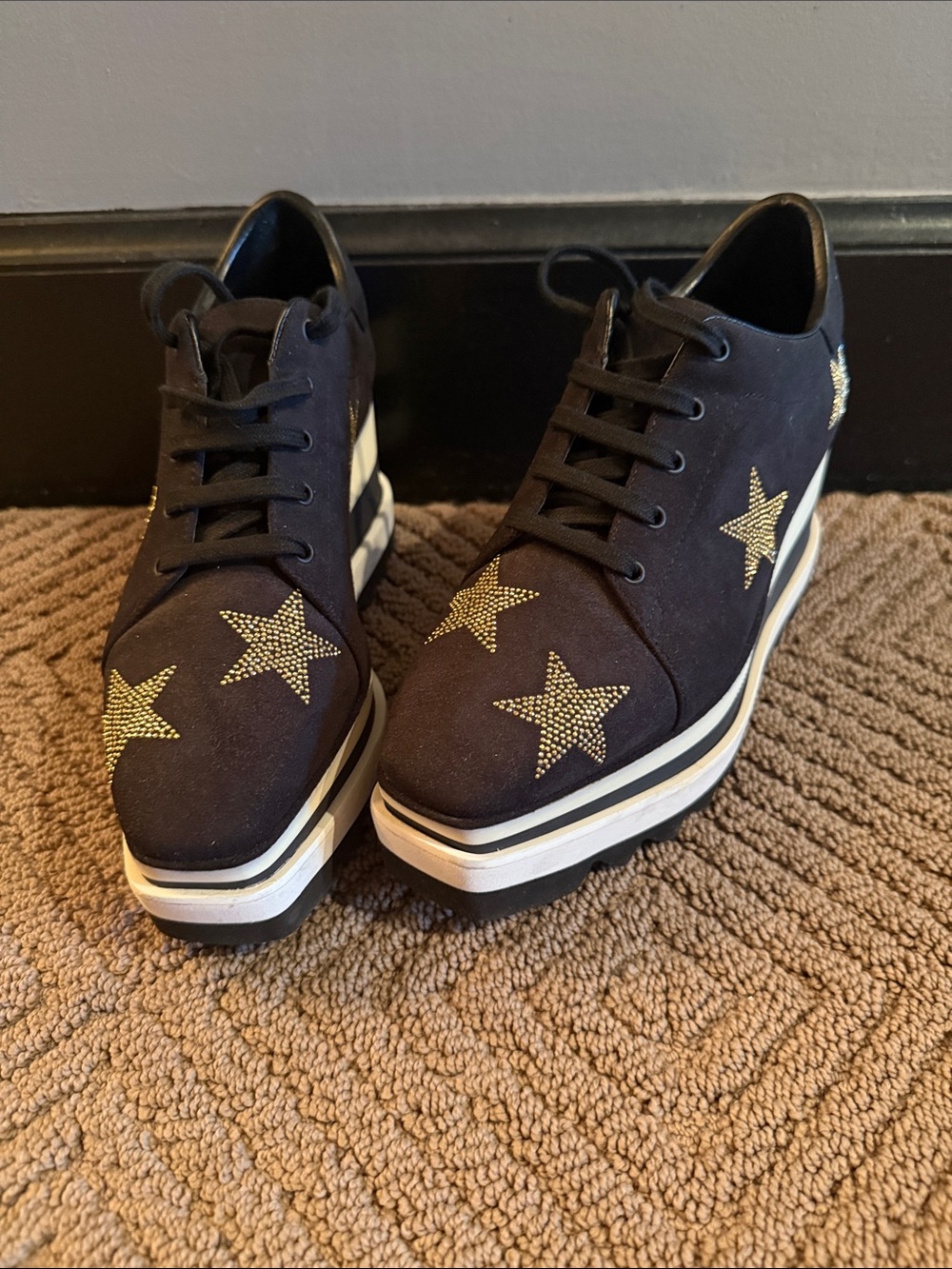 Stella McCartney Black Platform Sneakers with Gold Star Embellishments size 6